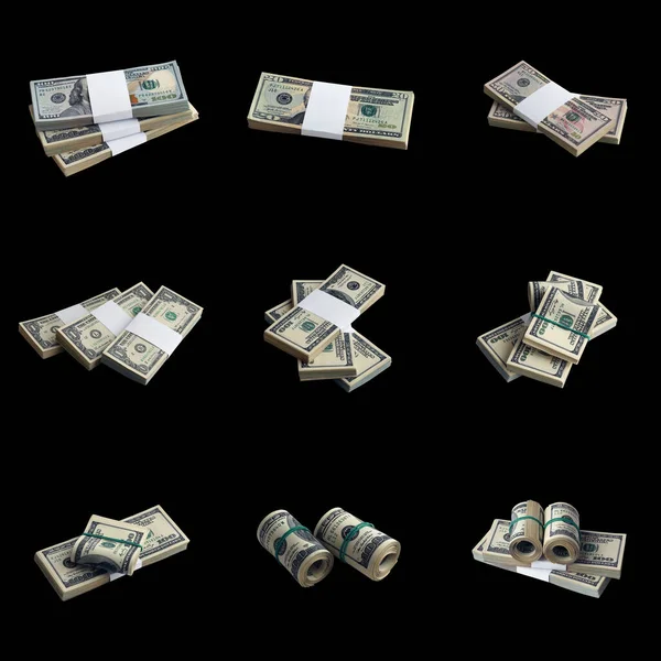 Duży Zestaw Pakietów Banknotów Dolarowych Odizolowanych Czarno Kolaż Wieloma Paczkami — Zdjęcie stockowe