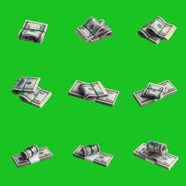Gran Conjunto Paquetes Billetes Dólar Estadounidense Aislados Croma Key Verde —  Fotos de Stock