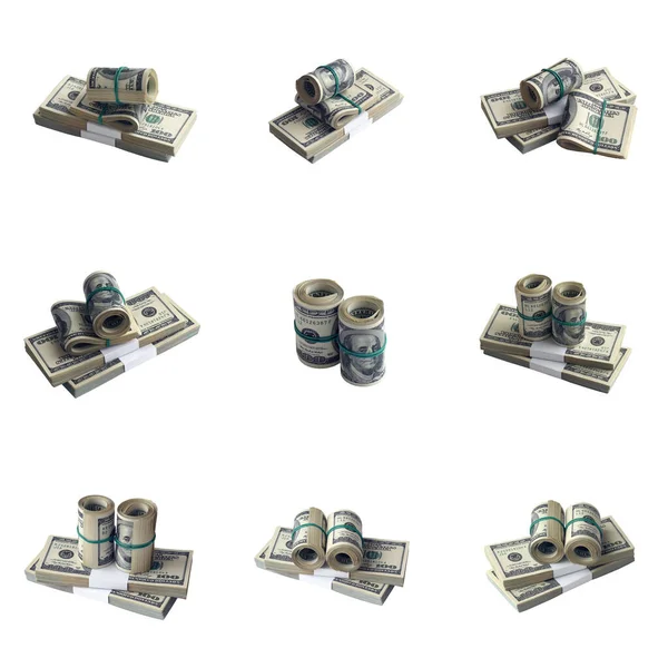 Gran Conjunto Paquetes Billetes Dólar Estadounidense Aislados Blanco Collage Con — Foto de Stock