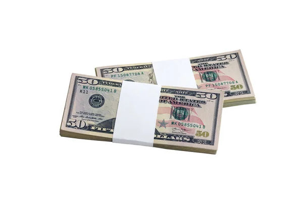 Bündel Von Dollar Scheinen Isoliert Auf Weiß Packung Amerikanisches Geld — Stockfoto