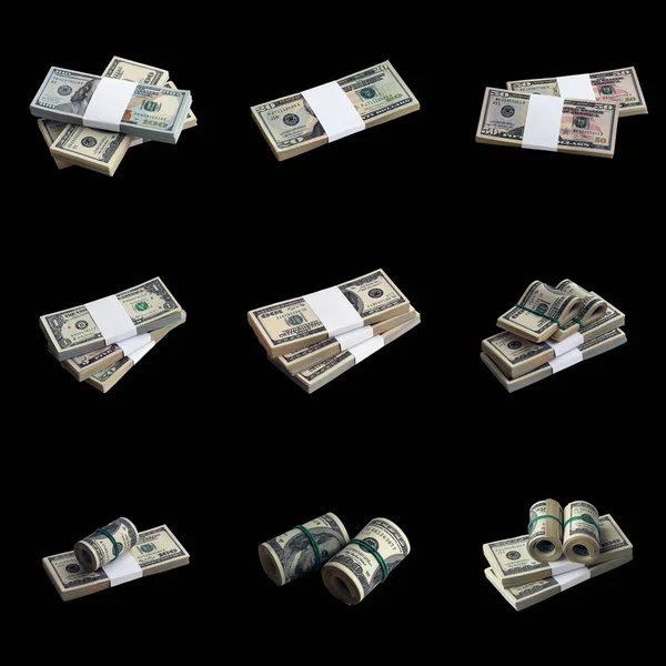 Большой Набор Банкнот Доллару Сша Изолированных Черном Коллаж Многими Пачками — стоковое фото