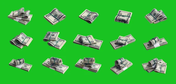 Velká Sada Balíčků Bankovek Amerických Dolarech Izolovaných Zeleném Klíči Koláž — Stock fotografie