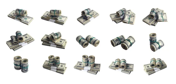 Velký Balík Amerických Dolarových Bankovek Izolovaných Bílém Koláž Mnoha Balíčky — Stock fotografie