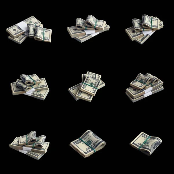 Big Set Bundles Dollar Bills Isolated Black Collage Many Packs — Stock Photo, Image