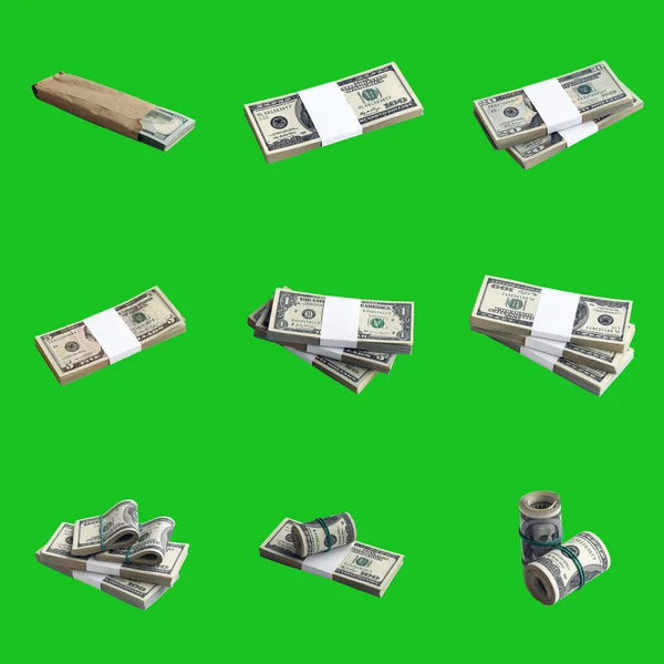Stor Uppsättning Buntar Dollarsedlar Isolerade Chroma Key Green Collage Med — Stockfoto