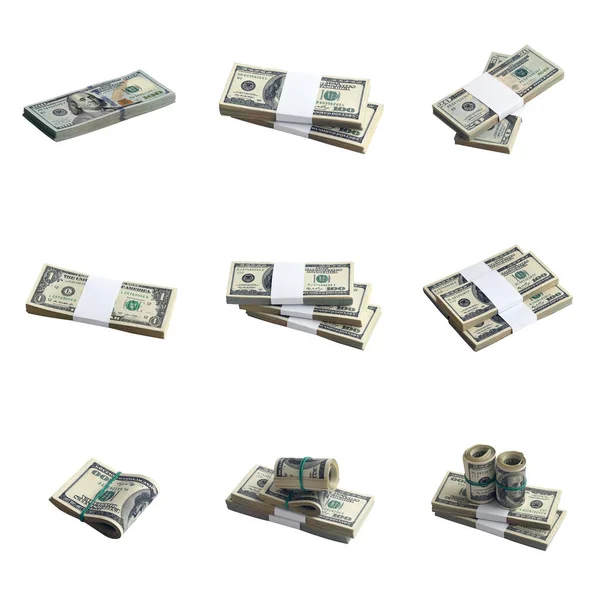 Stora Buntar Med Dollarsedlar Isolerade Vitt Collage Med Många Paket — Stockfoto