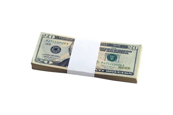 Paquet Billets Dollars Isolés Sur Blanc Pack Argent Américain Haute — Photo