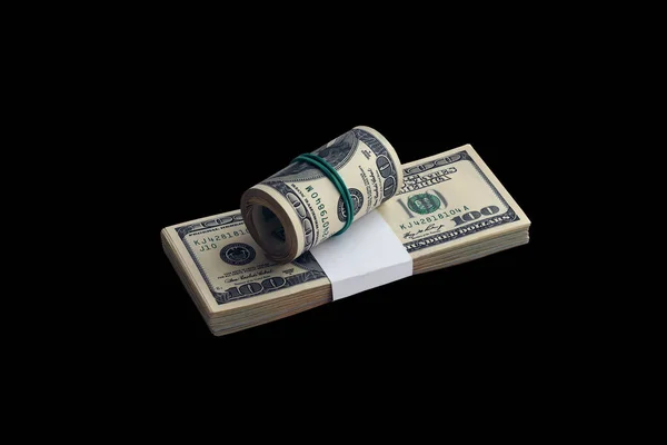 Bundle Dollar Bills Isolated Black Pack American Money High Resolution — Stock Photo, Image