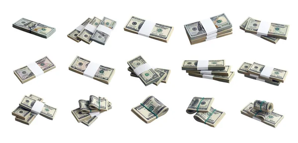 Big Set Bundles Dollar Bills Isolated White Collage Many Packs — Stock Photo, Image