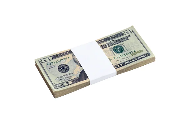 Pacchetto Banconote Dollari Americani Isolato Bianco Pacchetto Soldi Americani Con — Foto Stock