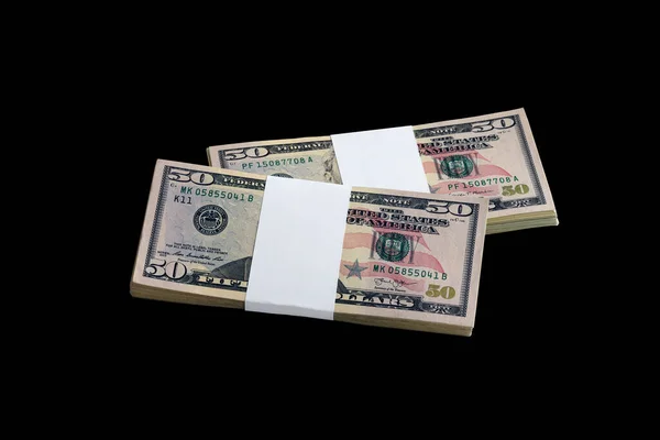 Bündel Von Dollar Scheinen Isoliert Auf Schwarz Packung Amerikanisches Geld — Stockfoto