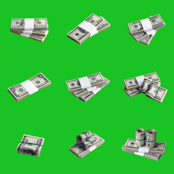 Big Set Bundles Dollar Bills Isolated Chroma Key Green Collage — Stock Photo, Image