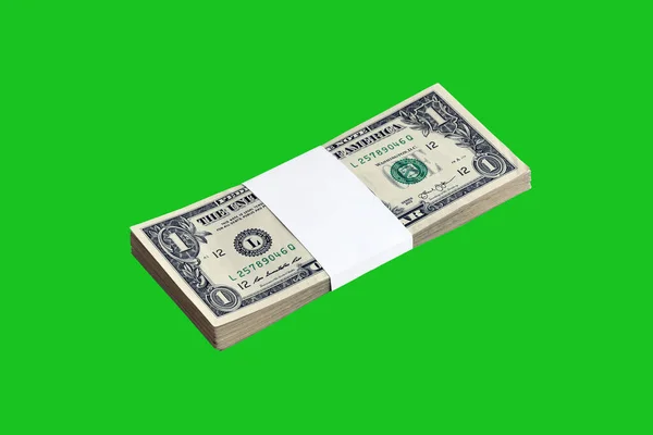 Paquet Billets Dollars Isolés Sur Chroma Keyer Green Pack Argent — Photo