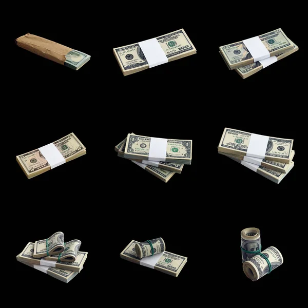 Big Set Bundles Dollar Bills Isolated Black Collage Many Packs — Stock Photo, Image