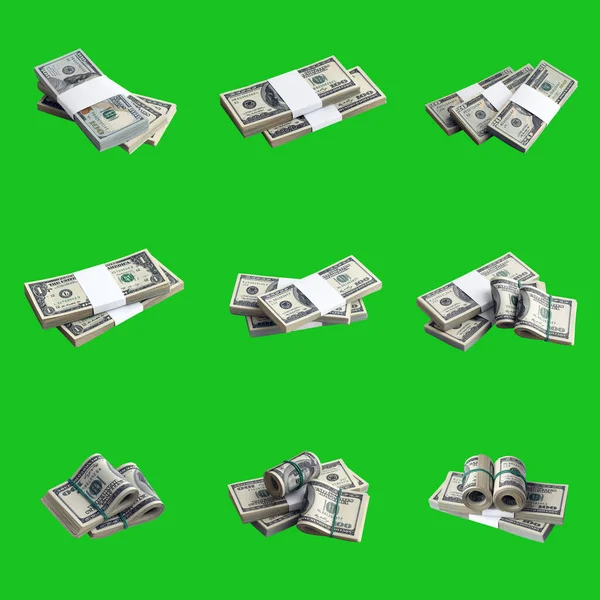 Grande Conjunto Pacotes Notas Dólares Americanos Isolados Croma Chave Verde — Fotografia de Stock