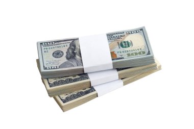 Beyaza izole edilmiş bir deste Amerikan doları. Tasarım nesnesi olarak mükemmel beyaz arkaplan üzerinde yüksek çözünürlüklü Amerikan parası paketi