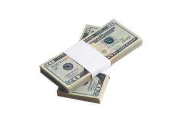 Beyaza izole edilmiş bir deste Amerikan doları. Tasarım nesnesi olarak mükemmel beyaz arkaplan üzerinde yüksek çözünürlüklü Amerikan parası paketi