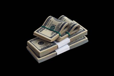 Siyaha izole edilmiş bir deste Amerikan doları. Tasarım objesi olarak mükemmel siyah arkaplan üzerinde yüksek çözünürlüklü Amerikan parası paketi