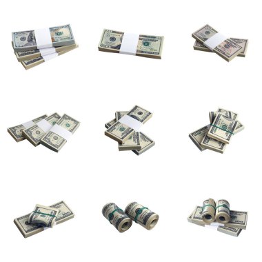 Beyaz üzerine izole edilmiş bir deste Amerikan doları. Mükemmel beyaz arkaplan rengine sahip yüksek çözünürlüklü bir sürü Amerikan parasıyla kolaj
