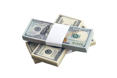 Beyaza izole edilmiş bir deste Amerikan doları. Tasarım nesnesi olarak mükemmel beyaz arkaplan üzerinde yüksek çözünürlüklü Amerikan parası paketi