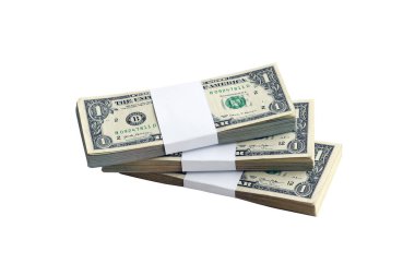 Beyaza izole edilmiş bir deste Amerikan doları. Tasarım nesnesi olarak mükemmel beyaz arkaplan üzerinde yüksek çözünürlüklü Amerikan parası paketi