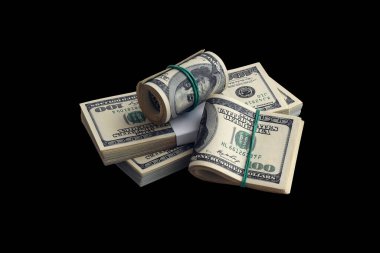 Siyaha izole edilmiş bir deste Amerikan doları. Tasarım objesi olarak mükemmel siyah arkaplan üzerinde yüksek çözünürlüklü Amerikan parası paketi