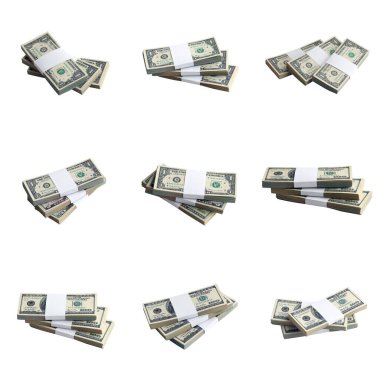 Beyaz üzerine izole edilmiş bir deste Amerikan doları. Mükemmel beyaz arkaplan rengine sahip yüksek çözünürlüklü bir sürü Amerikan parasıyla kolaj