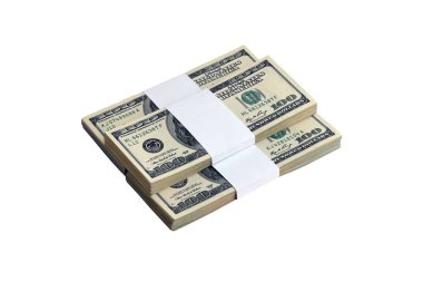 Beyaza izole edilmiş bir deste Amerikan doları. Tasarım nesnesi olarak mükemmel beyaz arkaplan üzerinde yüksek çözünürlüklü Amerikan parası paketi
