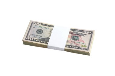 Beyaza izole edilmiş bir deste Amerikan doları. Tasarım nesnesi olarak mükemmel beyaz arkaplan üzerinde yüksek çözünürlüklü Amerikan parası paketi