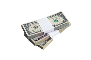 Beyaza izole edilmiş bir deste Amerikan doları. Tasarım nesnesi olarak mükemmel beyaz arkaplan üzerinde yüksek çözünürlüklü Amerikan parası paketi