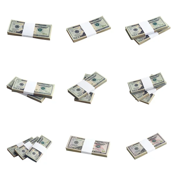 白に隔離されたドル札の束の大きいセット 完璧な白の背景色で高解像度のアメリカのお金の多くのパックとコラージュ — ストック写真