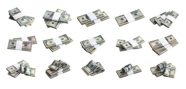 Grande Conjunto Pacotes Notas Dólares Americanos Isolados Branco Colagem Com — Fotografia de Stock