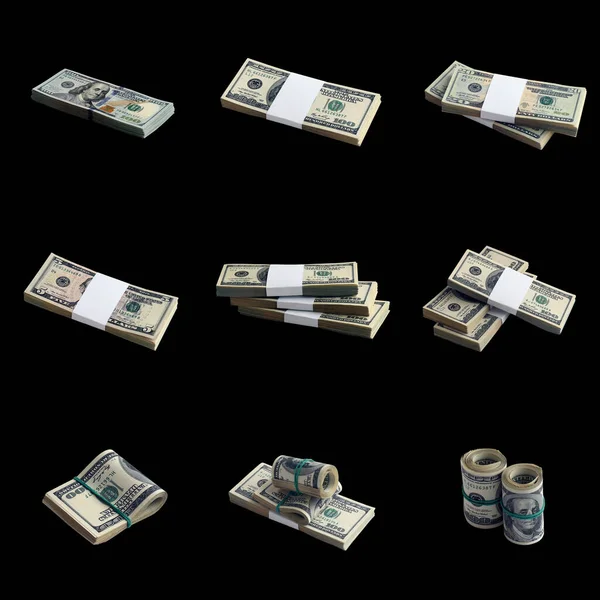 Grande Conjunto Pacotes Notas Dólares Americanos Isolados Preto Colagem Com — Fotografia de Stock