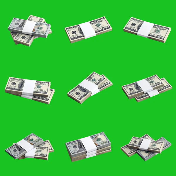 Stor Uppsättning Buntar Dollarsedlar Isolerade Chroma Key Green Collage Med — Stockfoto