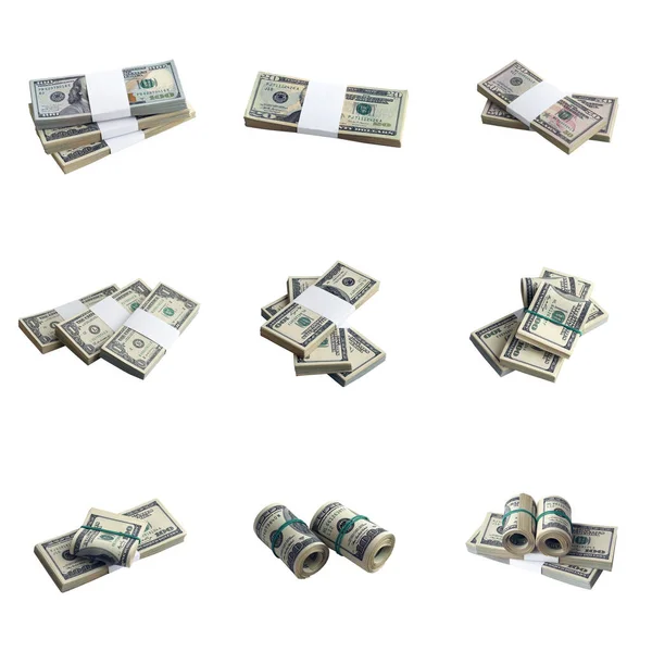 Velký Balík Amerických Dolarových Bankovek Izolovaných Bílém Koláž Mnoha Balíčky — Stock fotografie