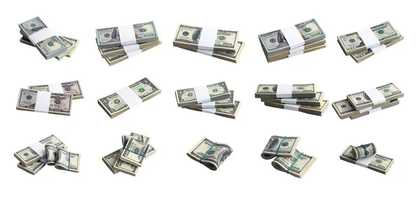 Gran Conjunto Paquetes Billetes Dólar Estadounidense Aislados Blanco Collage Con — Foto de Stock