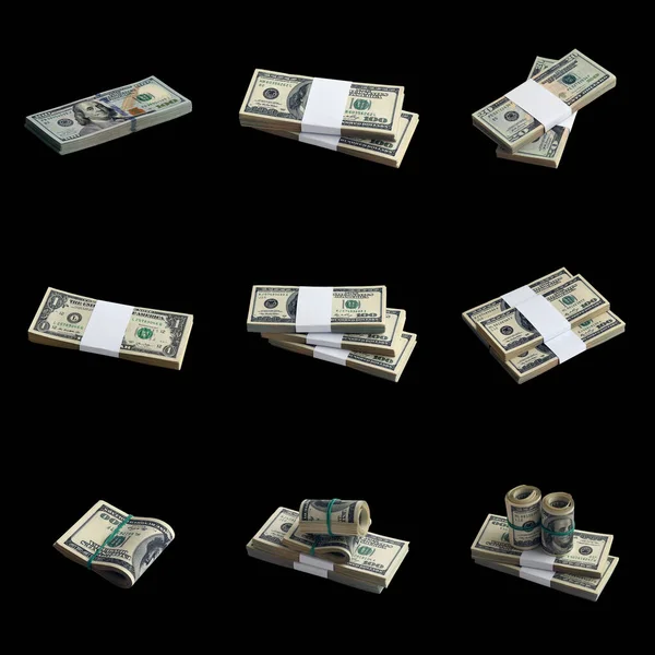 Velká Sada Amerických Dolarových Bankovek Izolovaných Černém Koláž Mnoha Balíčky — Stock fotografie