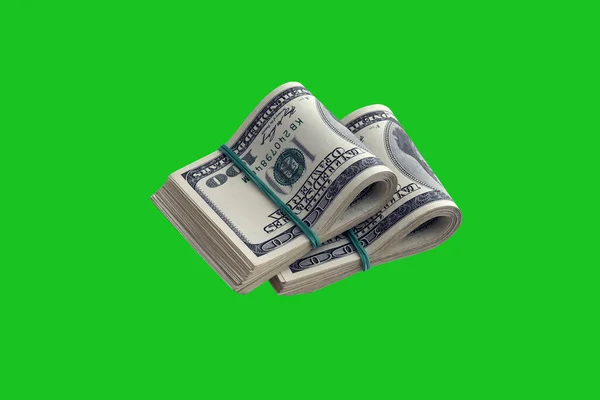 クロマキーグリーンで隔離された米ドル紙幣の束 デザインの対象として完璧な緑のマスクの高解像度のアメリカのお金のパック — ストック写真