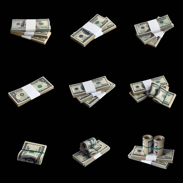 Big Set Bundles Dollar Bills Isolated Black Collage Many Packs — Stock Photo, Image