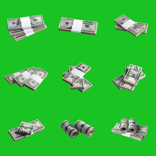 Big Set Bundles Dollar Bills Isolated Chroma Key Green Collage — Stock Photo, Image