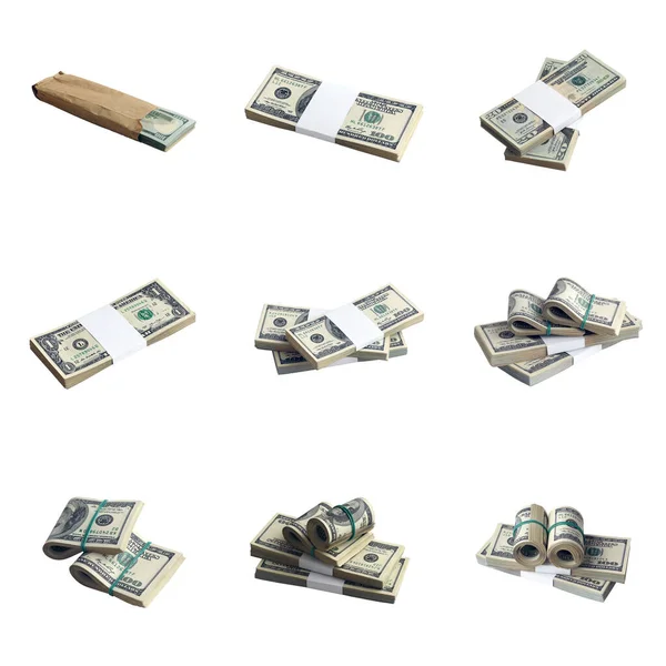 Duży Zestaw Pakietów Banknotów Dolarowych Odizolowanych Biało Kolaż Wieloma Opakowaniami — Zdjęcie stockowe
