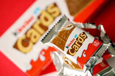 TERNOPIL, UKRAINE - JUNY 3, 2022: Kinder Chocolate Cards product pack. Kinder is a confectionery product brand line of Italian multinational confectionery Ferrero.