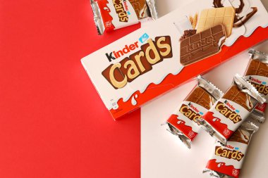TERNOPIL, UKRAINE - JUNY 3, 2022: Kinder Chocolate Cards product pack. Kinder is a confectionery product brand line of Italian multinational confectionery Ferrero.