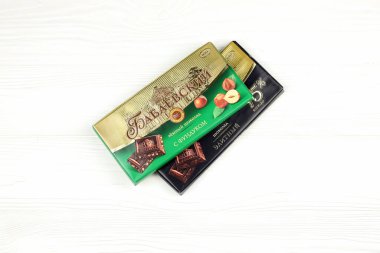 KHARKIV, UKRAINE - JANUARY 27, 2021: Babayevskiy chocolate square bar - product from Babayevskiy chocolate factory. Old russian traditional chocolate design