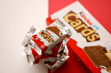 TERNOPIL, UKRAINE - JUNY 3, 2022: Kinder Chocolate Cards product pack. Kinder is a confectionery product brand line of Italian multinational confectionery Ferrero.