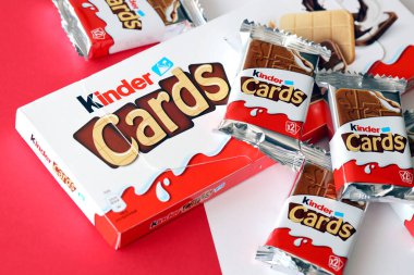 TERNOPIL, UKRAINE - JUNY 3, 2022: Kinder Chocolate Cards product pack. Kinder is a confectionery product brand line of Italian multinational confectionery Ferrero.
