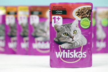 KHARKIV, UKRAINE - Şubat 06, 2021: Whiskas marka kedi maması mor paketleri kapatın. Whiskas, Amerikan markası Mars, Inc.