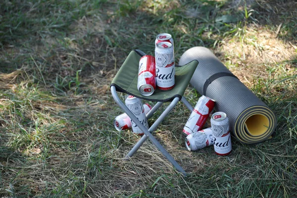 Sumy Ukraine August 2021 Few Cans Budweiser Lager Alcohol Beer — Stock Photo, Image