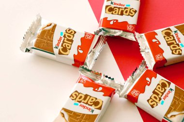 TERNOPIL, UKRAINE - JUNY 3, 2022: Kinder Chocolate Cards product pack. Kinder is a confectionery product brand line of Italian multinational confectionery Ferrero.