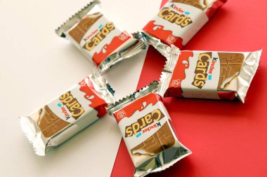 TERNOPIL, UKRAINE - JUNY 3, 2022: Kinder Chocolate Cards product pack. Kinder is a confectionery product brand line of Italian multinational confectionery Ferrero.